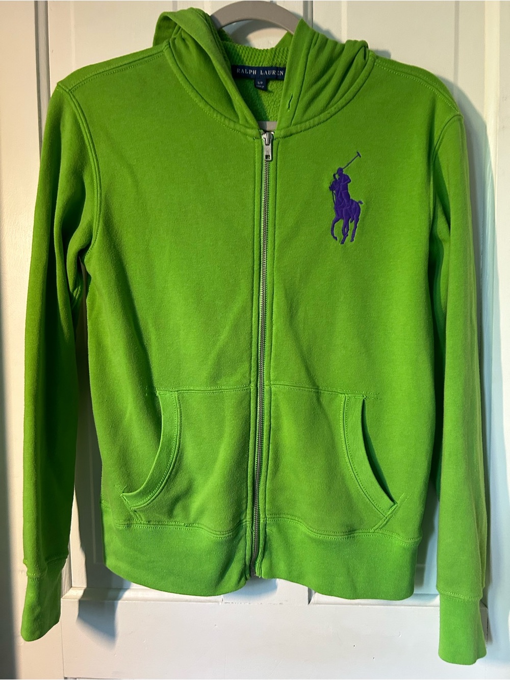 Ralph Lauren Lime Green Zip Hoodie with Purple Polo Logo